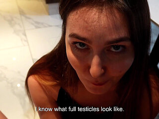 POV: Stepmom Gives Me a Secret Kitchen Blowjob After Staring at My Cock Under the Table