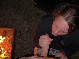 Wife Caught Masturbating in Public Restroom, Then Fucked by the Campfire