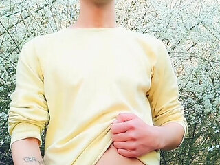 Spring Jerking Backyard - Fat Dick, 2 Cumshots and Own Cum Licking