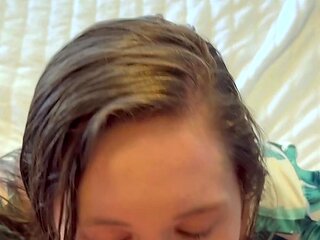 Big tit brunette sucks a big cock POV