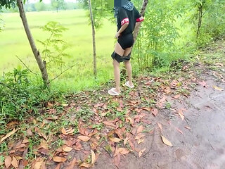Thai Girl Walking Showing Along the Side of the Field Road in the Countryside Thai Outdoor Public