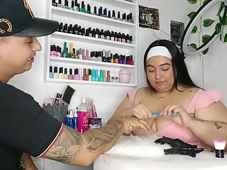 My manicurist shows me her big tits while she fixes my nails