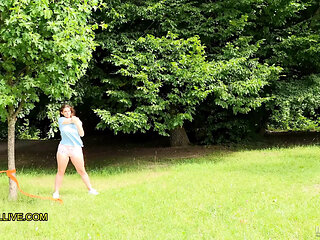 Stepfather and step son pick up busty teen working out in the park - 18-year-old natural big bouncing boobs