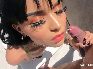 Latina slut throats hungry cock in golden shower perversions