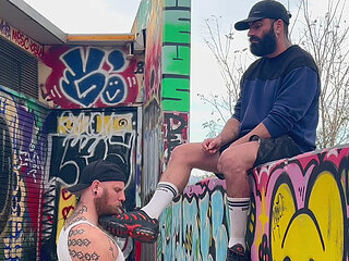 Ashtray, Piss & Feet. Bearded Master Using Fellball