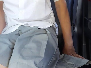 Asian Crossdresser Cum Wearing Grey School Girl Uniform