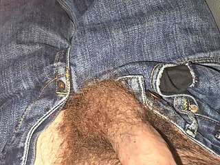 Wanking my big dick in jeans, topless, spitting, cumshot