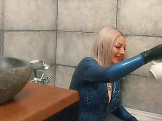 Bath Relax in Latex Rubber with Milk, Romantic Funny Fetish Video