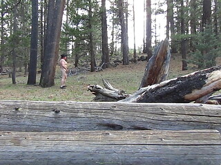 Naked hike in the forest.
