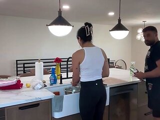 Hot brunette amateur MILF rides hubbys cock