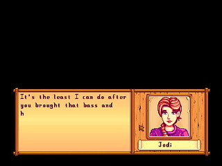 Stardew Valley. She cheats on her husband who is at war with the new farmer. Jodi and Farmer