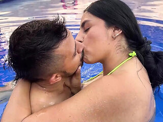 kissing my stepbrother's best friend in the pool and he gets wet really fast