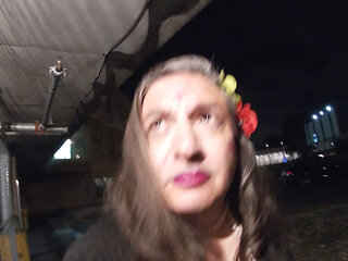Older Mature CD is being a sissy outdoors in public at night !