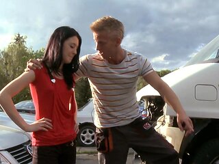 Teen Olga indulges in a wild alfresco orgy with her leg-shaking long locks