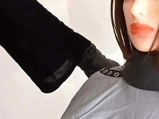 Busty TPE sex doll nylon hairdressing cape fetish play
