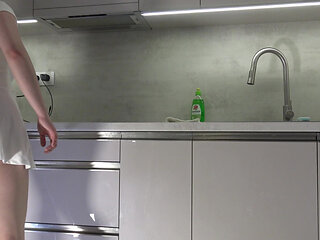 Big Tits Big Ass Hot and Cute Beautiful New Wife Takes Her G-string off to Flash Her Tight Shaved Pussy in the Kitchen