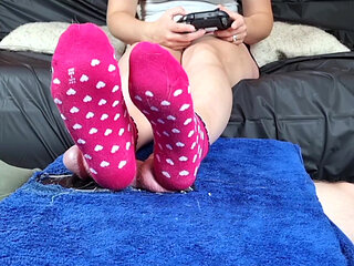 CBT Cockbox Footjob in Cute Pink Socks, German Amateur Couple
