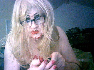 Shameless old cumslut slag Sarah, smokes drinks dogger's cum from used condom and own piss