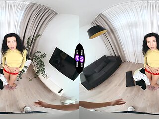 A sexy walk of a brunette teen with long hair in a mini dress