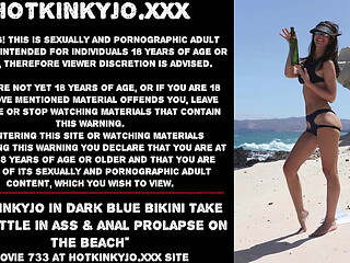 Hotkinkyjo in dark blue bikini take big bottle in ass &amp_ anal prolapse on the beach