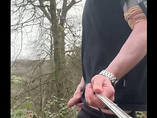 Getting little cock out on walking trail with cumshot