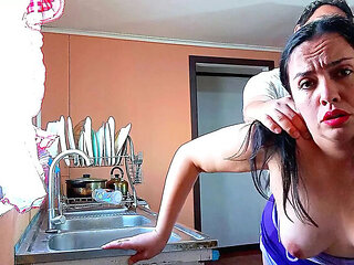 BBW Kelly Mom Fucks Step Son in Kitchen - Topless & Moaning Loudly