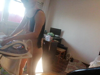 Sexy wife doing housework naked. Brunette, hairy pussy, big ass, big tits.