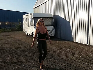 Granny walking outside in shiny leggins!