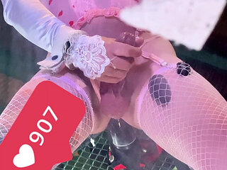 Pink Stocking Lingerie Shemale Riding Black Dildo on the Wall