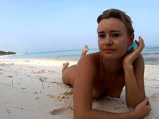 Blonde Solo Female's Nudist Walk on the Beach