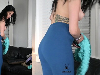 ?Jazmin tries on ?leggings and wrap shirt for photoshoot