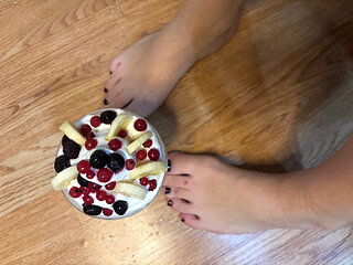 Playing with whipped cream and fruit with my naked feet