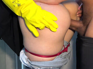 Hot maid with big ass gives me a handjob in latex gloves and then begs me to pound her doggystyle