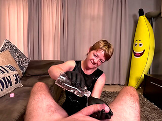 Mature WHORE wearing black dress jerking my BIG COCK in LATEX GLOVES, POV CUMSHOT