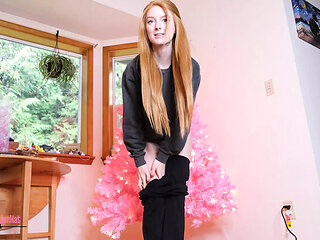 POV Helping Petite Redhead Jerk Off Without Pants While Tree Decorating - Small Tits & Booty