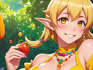Enchanting Nude Elf Girl Enjoys Fresh Bell Pepper in a Lush Garden