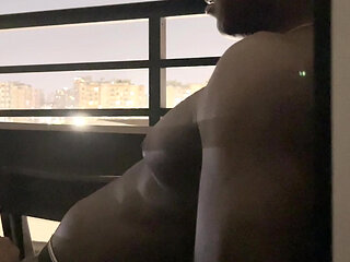 Sexy brunette gives a delicious spectacular blowjob on the hotel balcony -amateur couple- nysdel