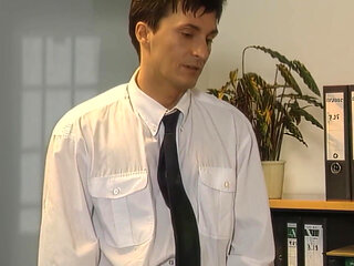 Horny Blonde Slut with Massive Fake Tits Gangbanged by 3 Office Studs!