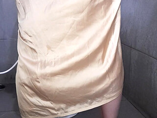 Satin Gold Long Dress Masturbation Cum