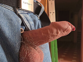 Hairy dick show with precum hanging from foreskin