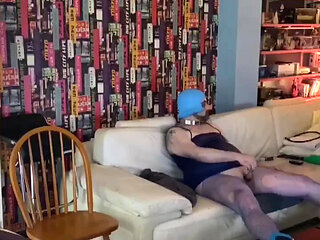 Dirty sissy whore in blue outfit playing hard ass to mouth sex