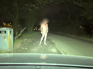 Naked and Jerking barefoot with full beams on at side of road