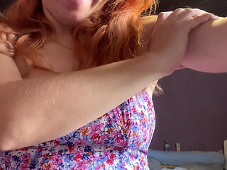 Redhead Woman in Pretty Dress Showing Her Muscles and Tits, How Strong Is She and How She Can Boxing Topless