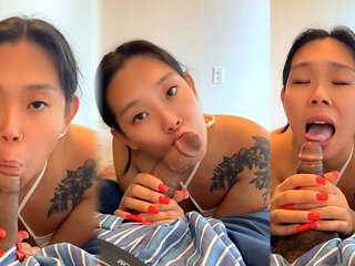 sexy asian girl giving sloppy blowjob CUMSHOT IN MOUTH