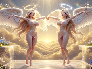 Stunning Busty Archangels with Majestic Wings Passionately Embrace in Celestial Paradise near Golden Waterfall