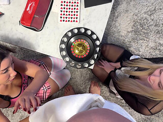 Two girls one guy handjob challenge party for Christmas with presents and roulette spinning