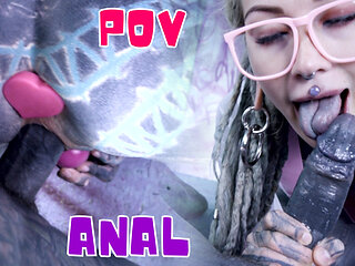 Tattood Girl with Glasses and Assplug Fucks a Tattooed Dick, DP, Facial