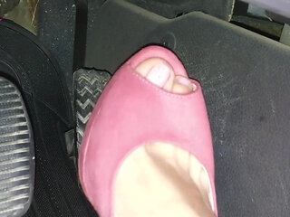 Barefoot Driving and Revving in Vivid Pink High Heeled Sandals