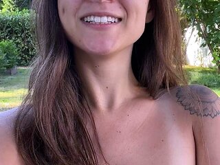 Busty curly brunette with big boobs fucks on couch