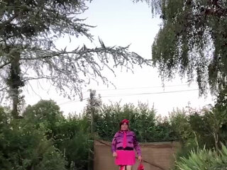 Dressed with a new pink skirt and the fuchsia tie stained with semen for a night out